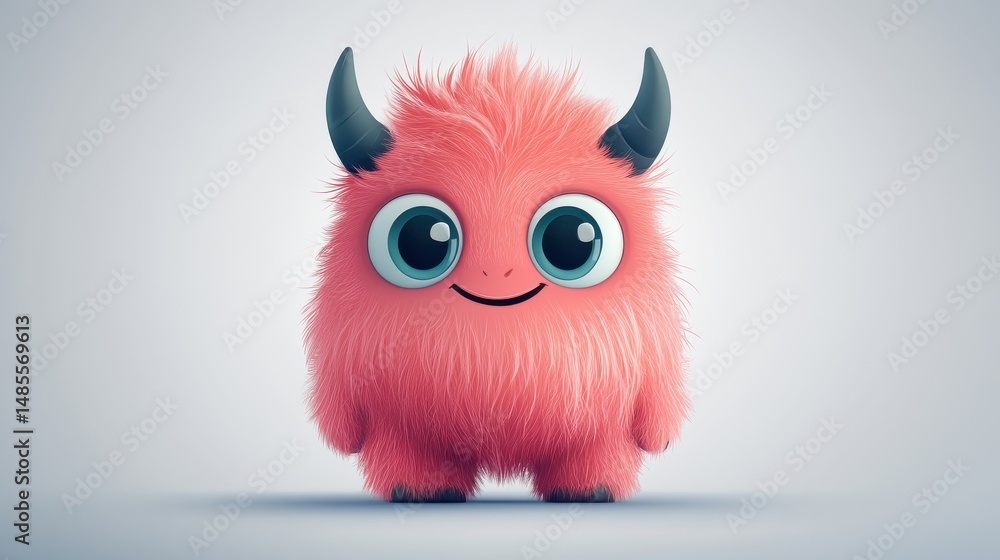 Fototapeta premium Cute Pink Monster with Big Eyes on White Background