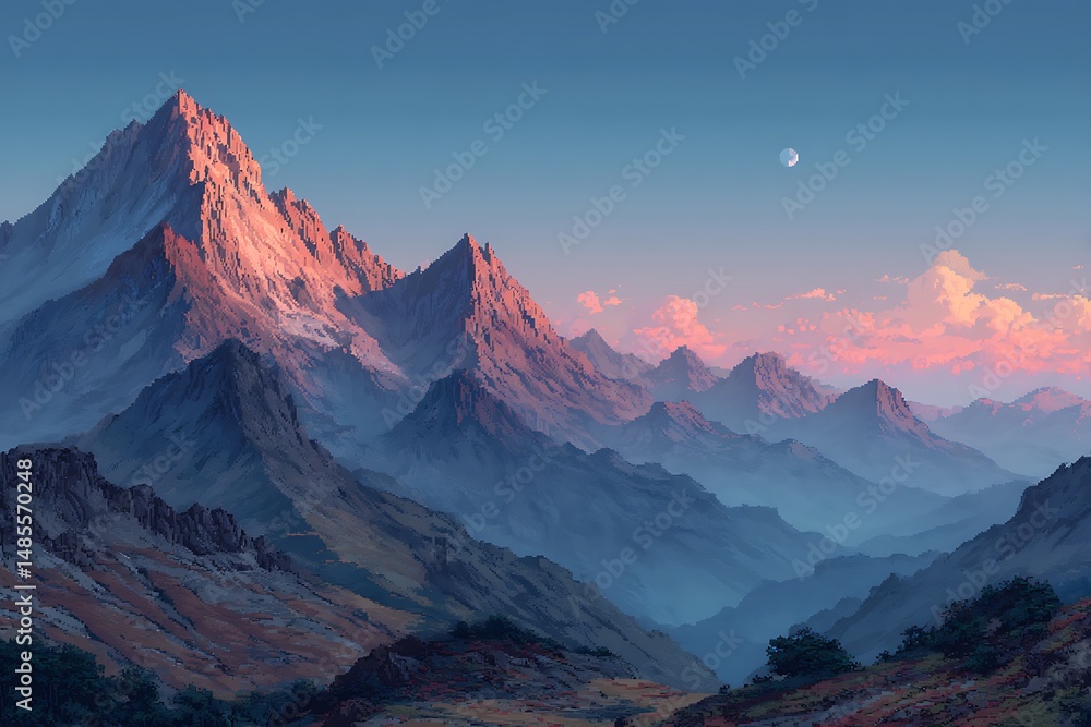 Pixelated mountains landscape under pastel skies Pixelated mountains landscape under pastel skies