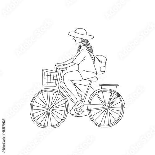 Girl riding a bicycle line art illustration. Girl on the bike cute hand drawn clipart