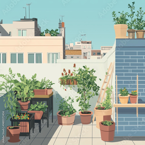 Fototapeta Naklejka Na Ścianę i Meble -  Urban gardening culture in a pastel minimalistic rooftop with potted. Vegetables and herbs ,ai generated