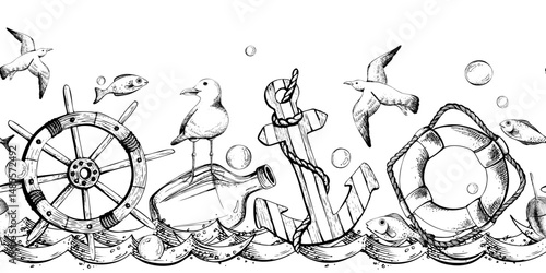 Ship steering wheel, lifebuoy, striped anchor, bottle of rum with seagull, flying seagulls, fish, fishing float, bubbles floating on water. Hand drawn watercolor illustration. Seamless border pattern.