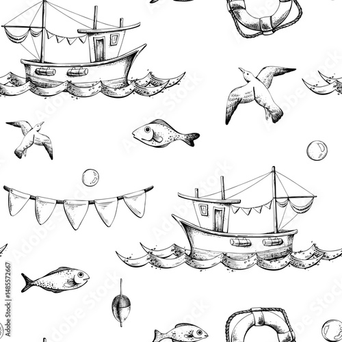 Watercolor illustration on the theme of sea fishing with a seamless pattern. Boat, lighthouse, fishing lodge, seagulls, flags, barrel, steering wheel, anchor, lifebuoy. For fabric, print, wallpaper.