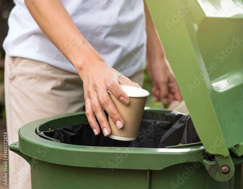 Person throwing away a paper cup in a green bin.  Image depicts environmental responsibility and waste disposal.