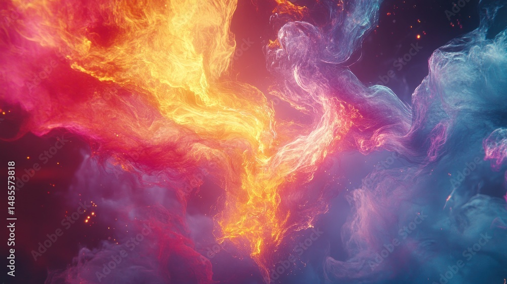 Fototapeta premium Vivid celestial clouds with a fiery nebula and cool dreamy hues abstract