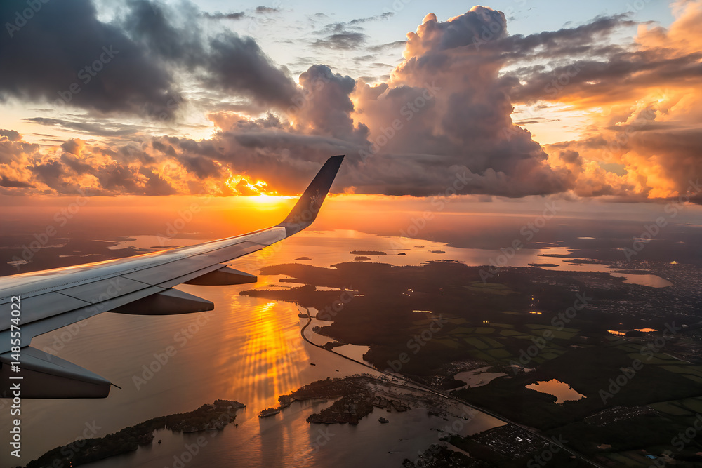 Naklejka premium view from airplane window to sunset