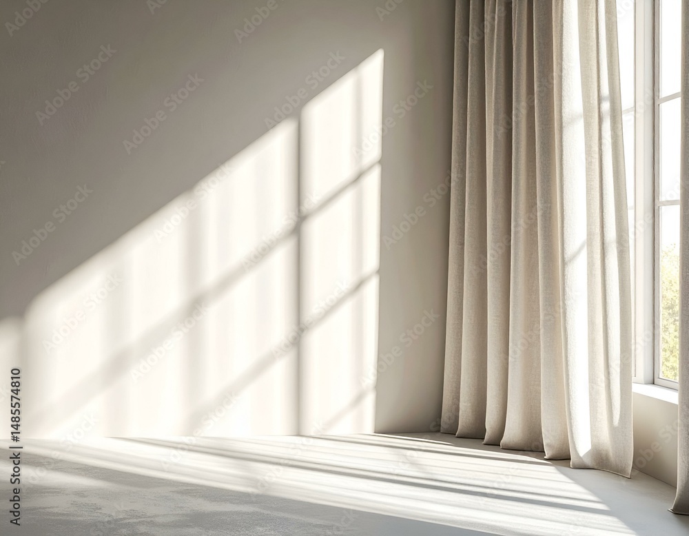 Sunlit minimalist room interior with beige curtains and window shadow. Perfect for showcasing products or creating calming mood boards. Sunlit minimalist room interior with beige curtains and window shadow. Perfect for showcasing products or creating calming mood boards.