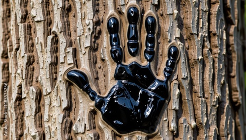 Handprint on tree bark creates a unique natural art piece.