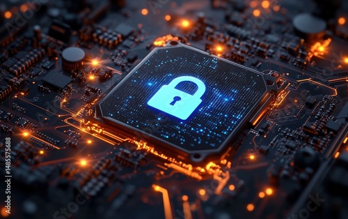 Glowing digital lock icon on a microchip surrounded by circuit board components with warm orange and blue lighting representing cyber security and data protection