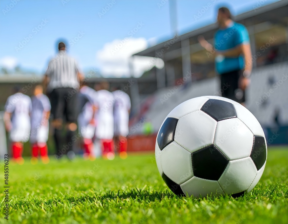 Fototapeta premium Soccer ball on green grass with blurred background of young soccer players and referee.