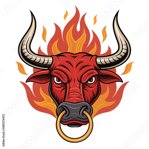 Fiery bull head, red brow engulfed in flames, a ring piercing its nose.  Detailed rendering, dramatic lighting.