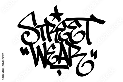 Graffiti tag text "STREETWEAR" in bold hand-drawn street art style. Urban vector lettering with raw attitude and expressive spray texture. Perfect for street fashion, merch, and edgy designs.
