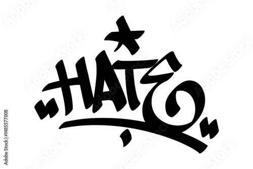 Graffiti tag text "HATE" in bold street art style. Hand-drawn vector lettering with raw urban edge. Isolated on a transparent background, perfect for streetwear, merch, and graphic design.
