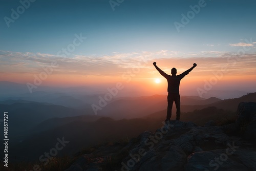 Man Triumphantly Stands on Mountain Peak at Sunset Achieving Success Overcoming Challenges