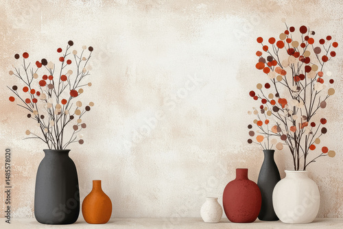 Elegant vases adorned with beautiful flowers creating a delicate and neutral balance in a charming art illustration