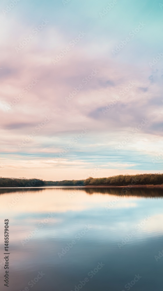 Fototapeta premium Serene Sunset Over Calm Lake with Reflective Water and Soft Colorful Sky