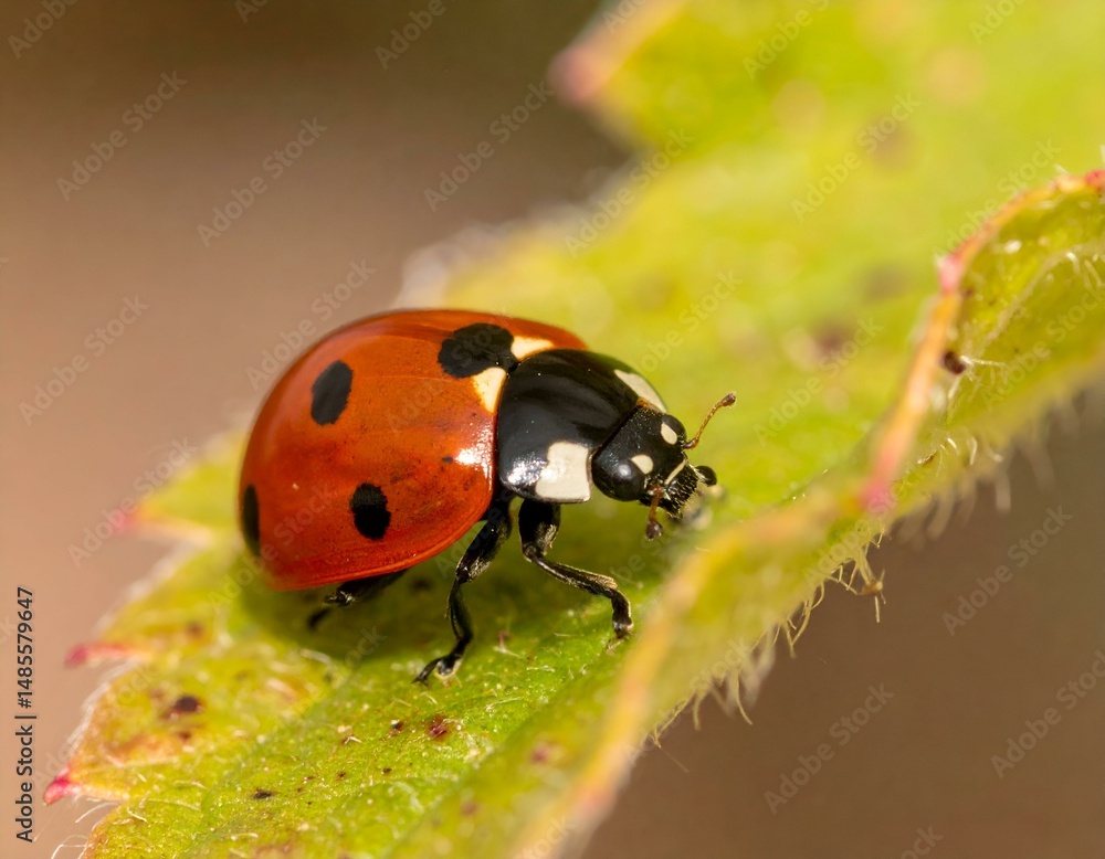 Naklejka premium Close-up of a ladybug on a green leaf.