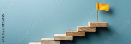 Wooden Blocks Staircase Leading to Success Goal Yellow Flag Achievement Concept