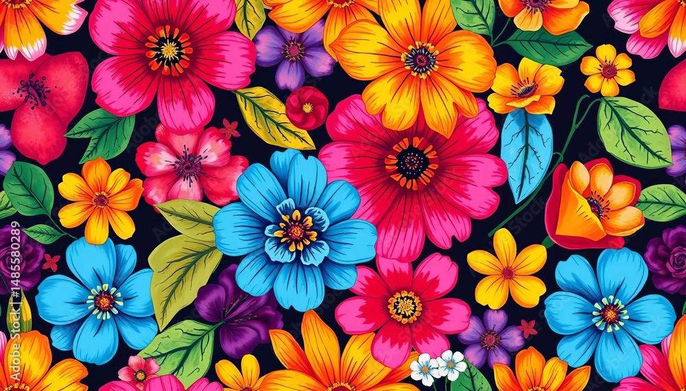 Vibrant hand-drawn floral seamless pattern, perfect for textile and wallpaper design, cheerful, colorful pattern Vibrant hand-drawn floral seamless pattern, perfect for textile and wallpaper design, cheerful, colorful pattern