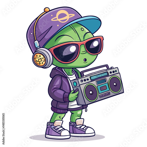 Create a cute chibi illustration of an alien rapper wearing oversized sunglasses and carrying a boombox.  The style should be vibrant and playful.