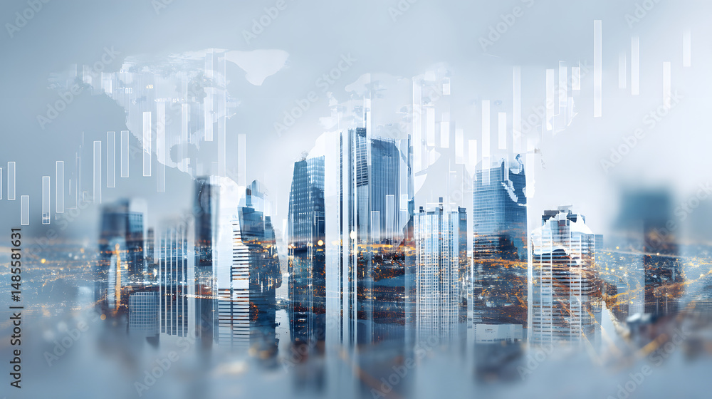 Fototapeta premium A modern city skyline with digital financial graphics overlay, showcasing a blend of technology and urban life.