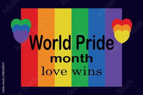 rainbow pride flag background with colorful hearts and text reading world pride month