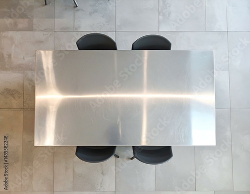 Overhead view of a stainless steel table with four black chairs on a light grey tiled floor. Minimalist and modern design.