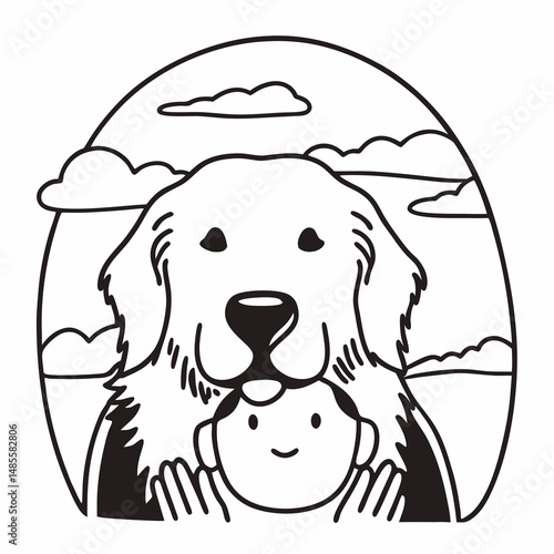 Heartwarming flat vector of a Golden Retriever hugging a child with a warm sunset background, perfect for emotional and family-themed design projects.