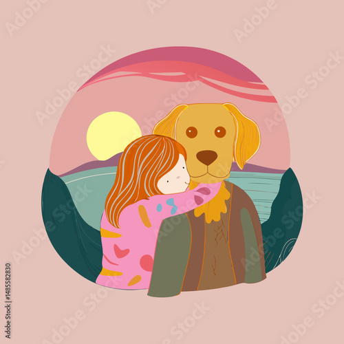 Heartwarming flat vector of a Golden Retriever hugging a child with a warm sunset background, perfect for emotional and family-themed design projects.
