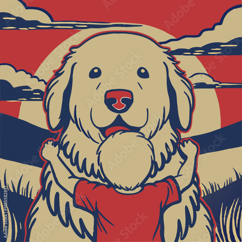 Heartwarming flat vector of a Golden Retriever hugging a child with a warm sunset background, perfect for emotional and family-themed design projects.