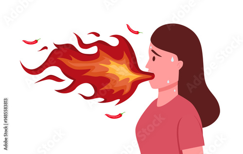 Hot sauce with chili pepper or tabasco was tasted by woman who was breathing fire from mouth. Guy eats spicy hot sauce or ketchup, enjoying sizzling spices for gourmets love thrills