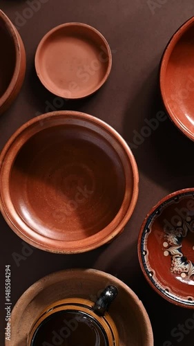 Arrangement of ceramic plates on brown background. Earthenware pottery objects, space for text. 

