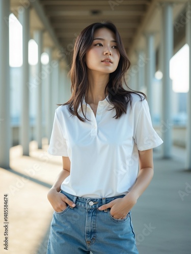 Asian Woman Wearing White Polo Shirt Mockup in Overpass Setting Free Download Asian Woman Wearing White Polo Shirt Mockup in Overpass Setting - GFXLoad