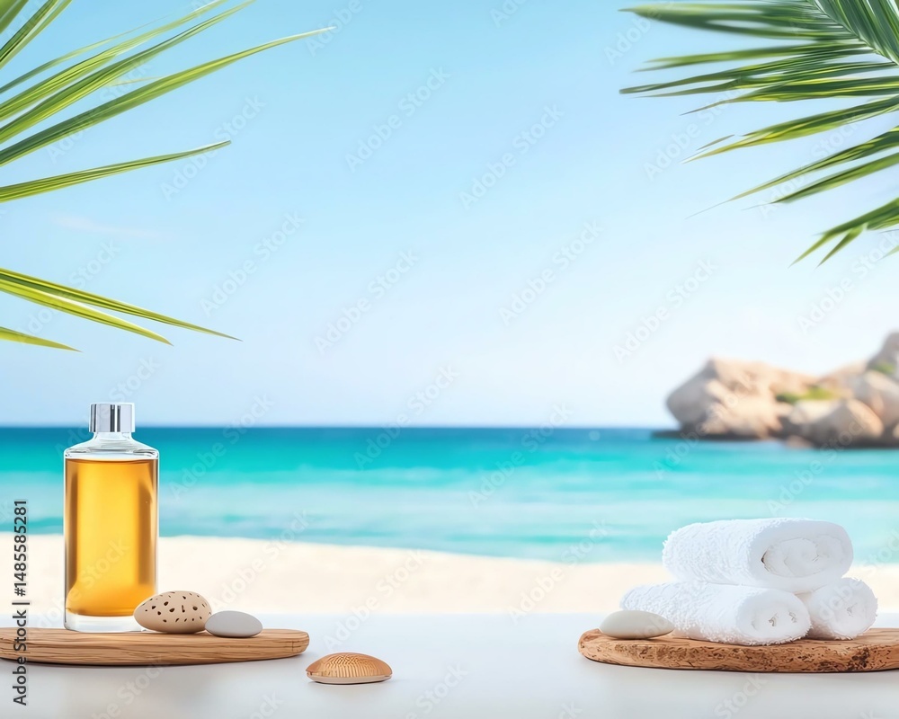 Obraz premium Relaxing beach scene with spa essentials, showcasing tranquility and self-care by the ocean.