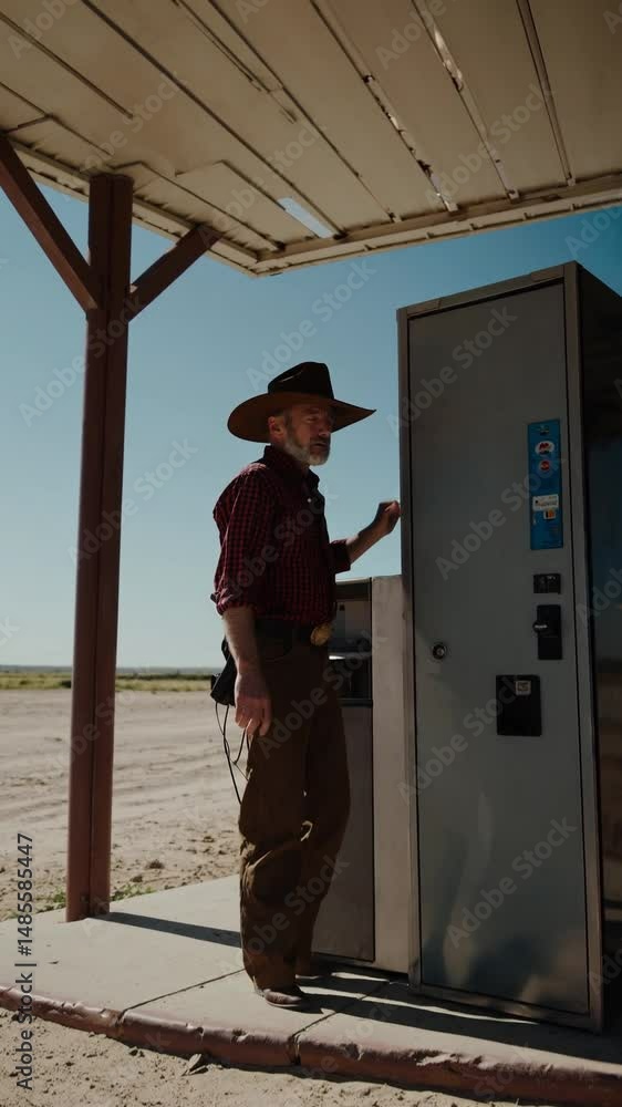 Cowboy solitaire appuyé contre une station-service abandonnée en plein désert
Cowboy solitaire appuyé contre une station-service abandonnée en plein désert
