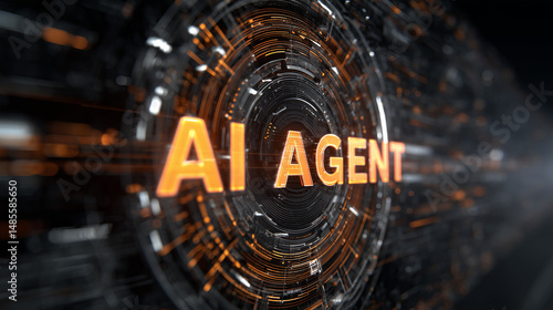 Glowing hologram “AI AGENT” text surrounded by silver and orange energy rings, abstract datacenter background