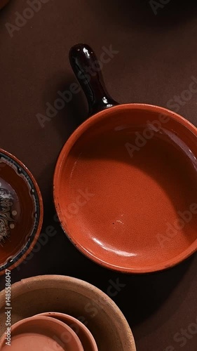 Arrangement of ceramic plates on brown background. Earthenware pottery objects, space for text. 
