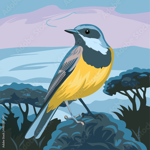 Golden Whistler bird in lush green bushland flat style vector