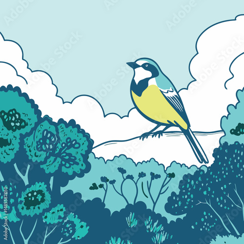Golden Whistler bird in lush green bushland flat style vector
