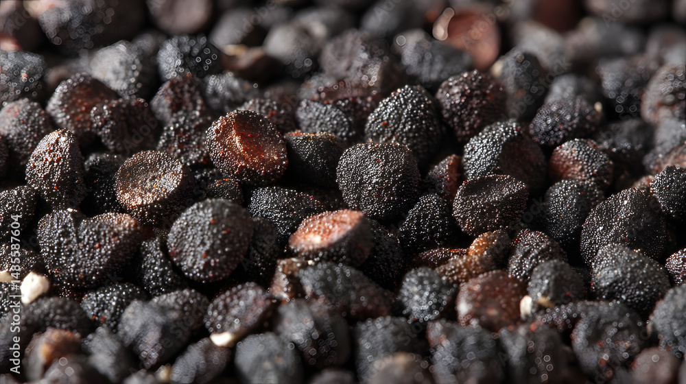 Fototapeta premium Close-up of black seeds with a textured surface, creating a rich and organic aesthetic.