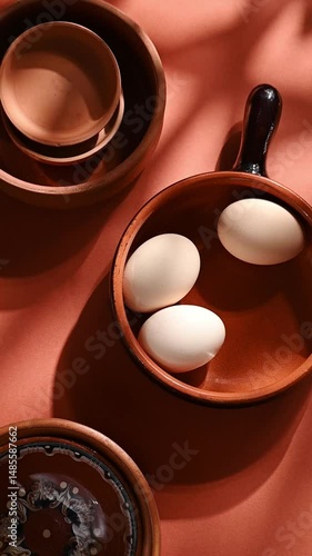 Handmade ceramic plates with home eggs on brown background. Terracotta objects, space for text. Genuine food concept.
