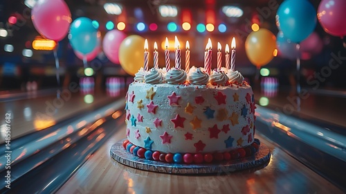 Joyous birthday party at bowling alley featuring colorful balloons and cake with candles lit