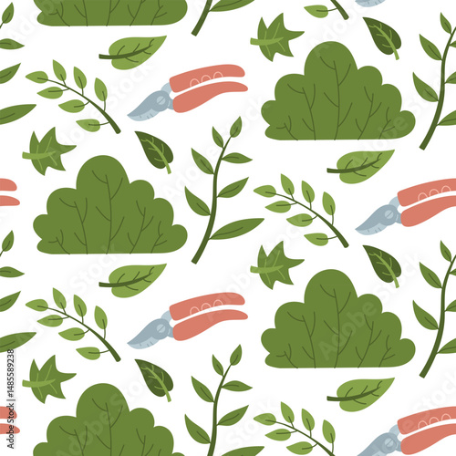 pattern for caring for plants. Scissors for pruning shrubs, branches and leaves. Flat color illustration in texture. It is suitable for gardening blogs, packaging of garden products, educational