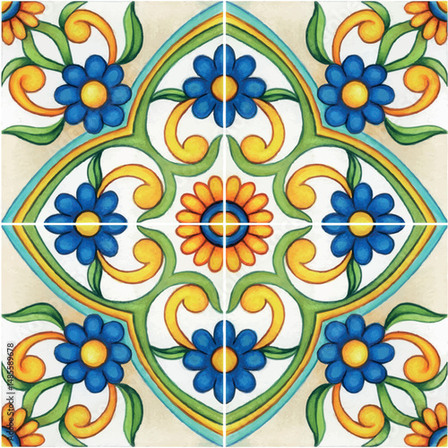 Watercolor hand drawn italian mediterranean tiles