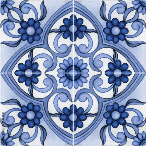Watercolor hand drawn italian mediterranean tiles