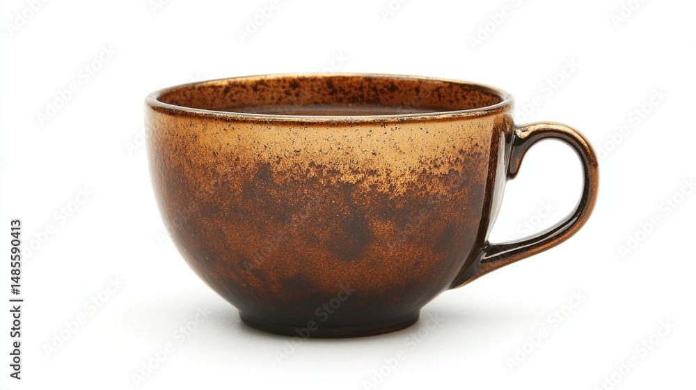 A brown ceramic coffee cup with a wide bowl and a curved handle, filled with a dark liquid, isolated on a white background A brown ceramic coffee cup with a wide bowl and a curved handle, filled with a dark liquid, isolated on a white background