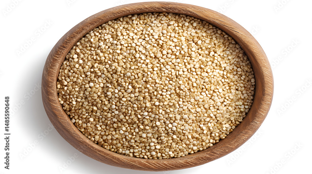 A wooden bowl filled with raw quinoa seeds, showcasing their light beige color and small size against a clean, white background. A wooden bowl filled with raw quinoa seeds, showcasing their light beige color and small size against a clean, white background.