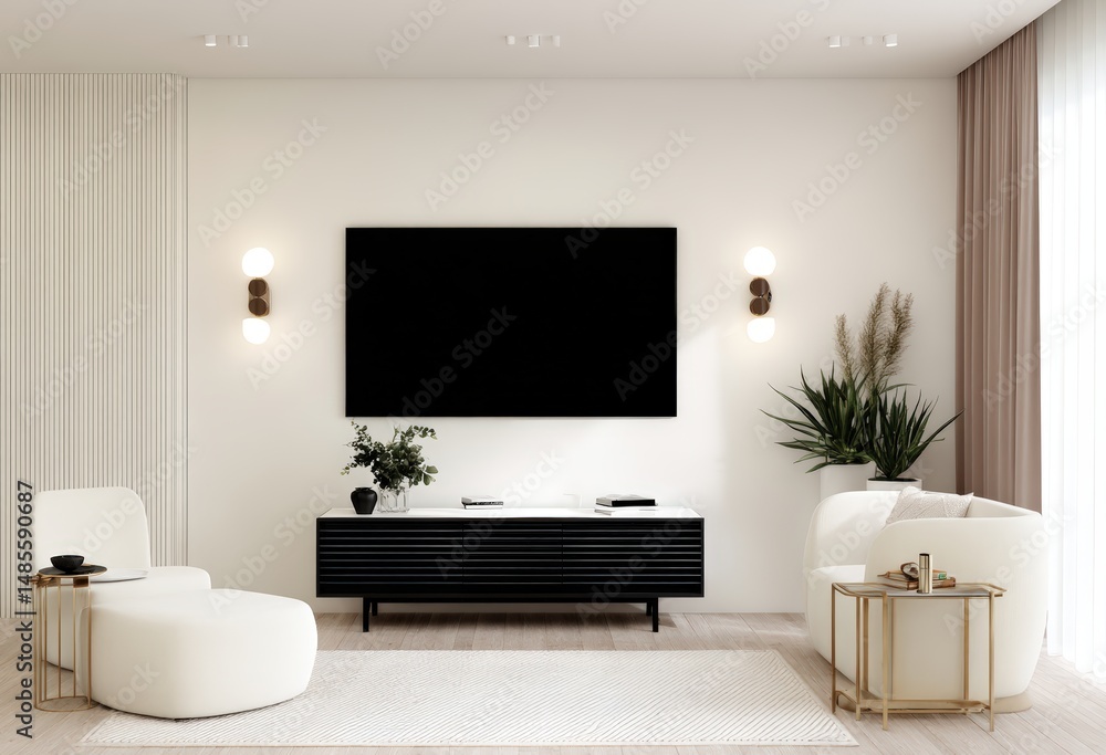 Sleek Minimalist Living Room Featuring Modern TV Stand, Clean Lines, Cozy Accents, and Natural Elements in Bright Interior Design Sleek Minimalist Living Room Featuring Modern TV Stand, Clean Lines, Cozy Accents, and Natural Elements in Bright Interior Design
