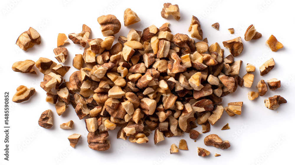 Obraz premium A close-up view of finely chopped dried herbal chunks, showcasing a rich brown color and irregular textures.