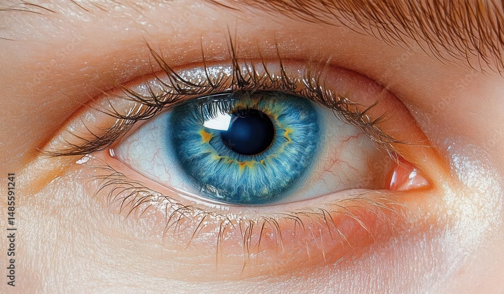 Fototapeta premium Extreme close-up of a bright blue human eye showing detailed iris patterns, eyelashes, and skin texture with natural lighting