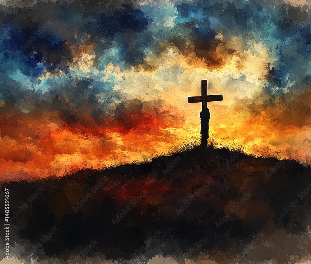 Fototapeta premium Silhouette of a person carrying a large cross on a hilltop against a dramatic, colorful sunset sky with vibrant orange, yellow, blue, and dark clouds